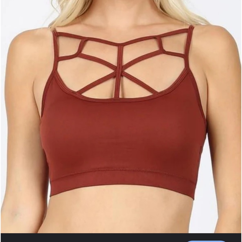 Web Cage high neck detail bra bralette cami crop top rust brick red soft knit S